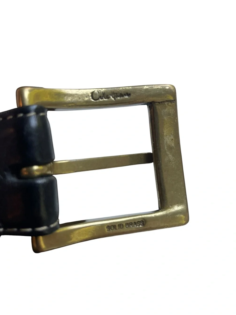 VTG Cole Haan Pebbled Leather Topstitched Belt Black Men's Sz 44 Brass BUCKLE